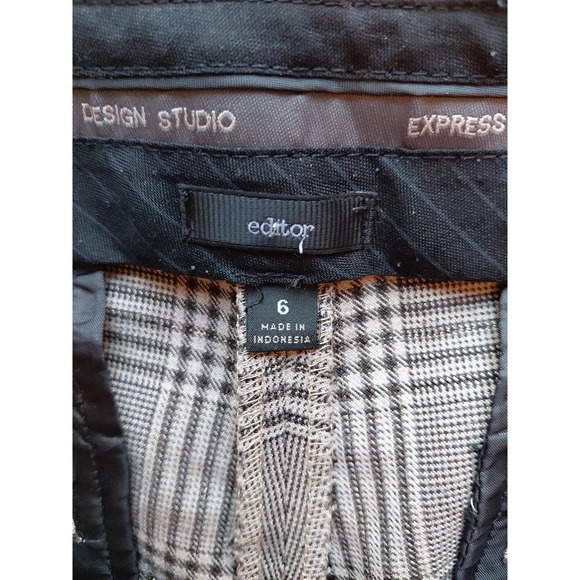 EXPRESS size 6 Brown Plaid Stretch EDITOR Wide Leg Flare Dress Pants Gold Thread - Picture 7 of 12